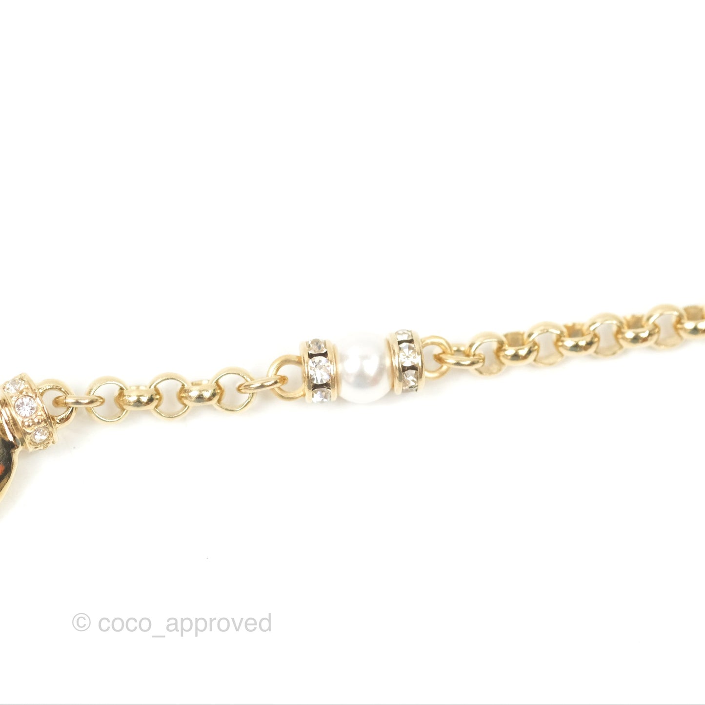 Chanel Crystal Pearl Heart CC Necklace Gold Tone 24P