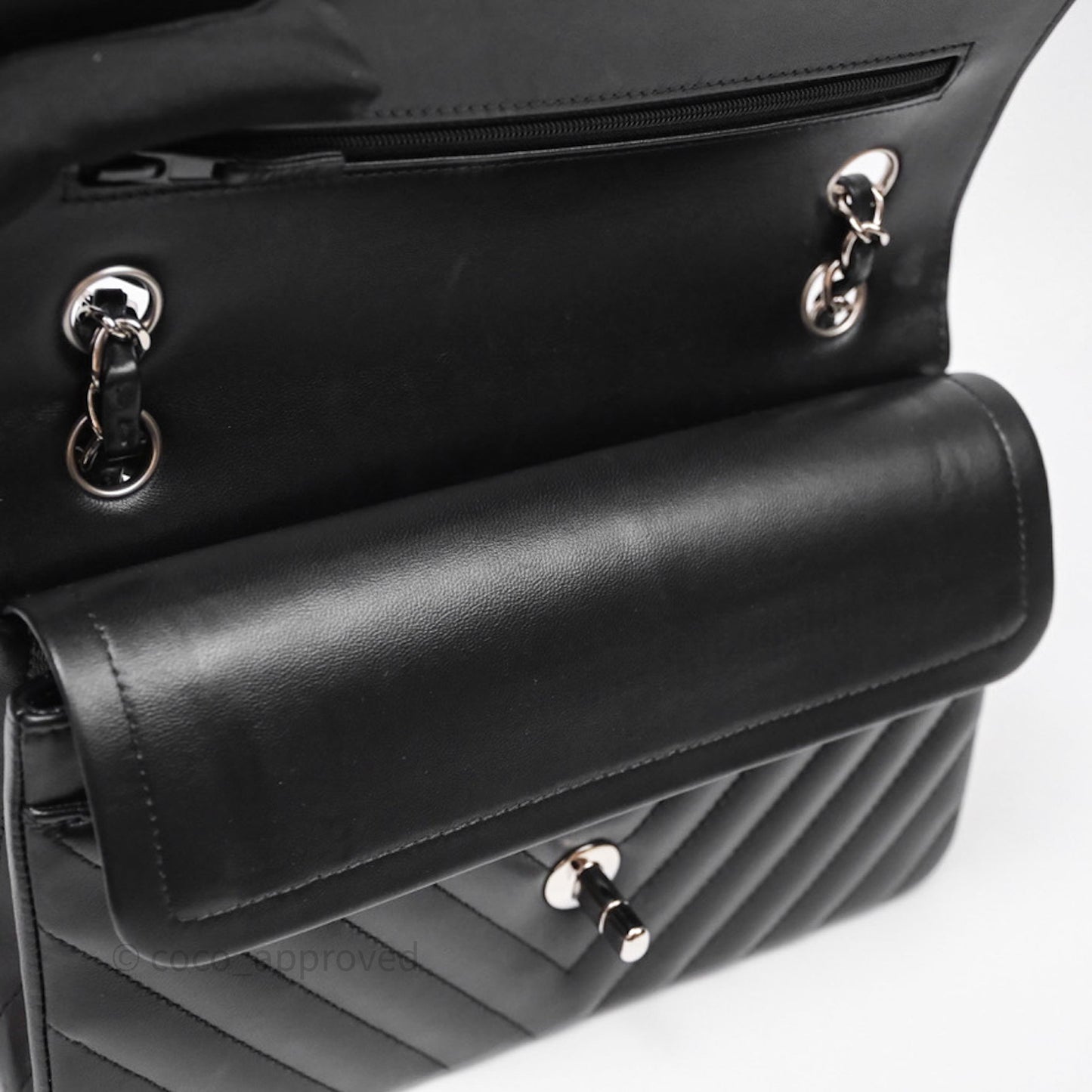 Chanel Small Classic Chevron Flap Black Lambskin Silver Hardware