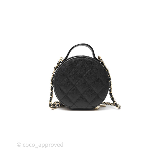 Chanel Mini Round Vanity Bag Handle With Care Black Caviar 22C