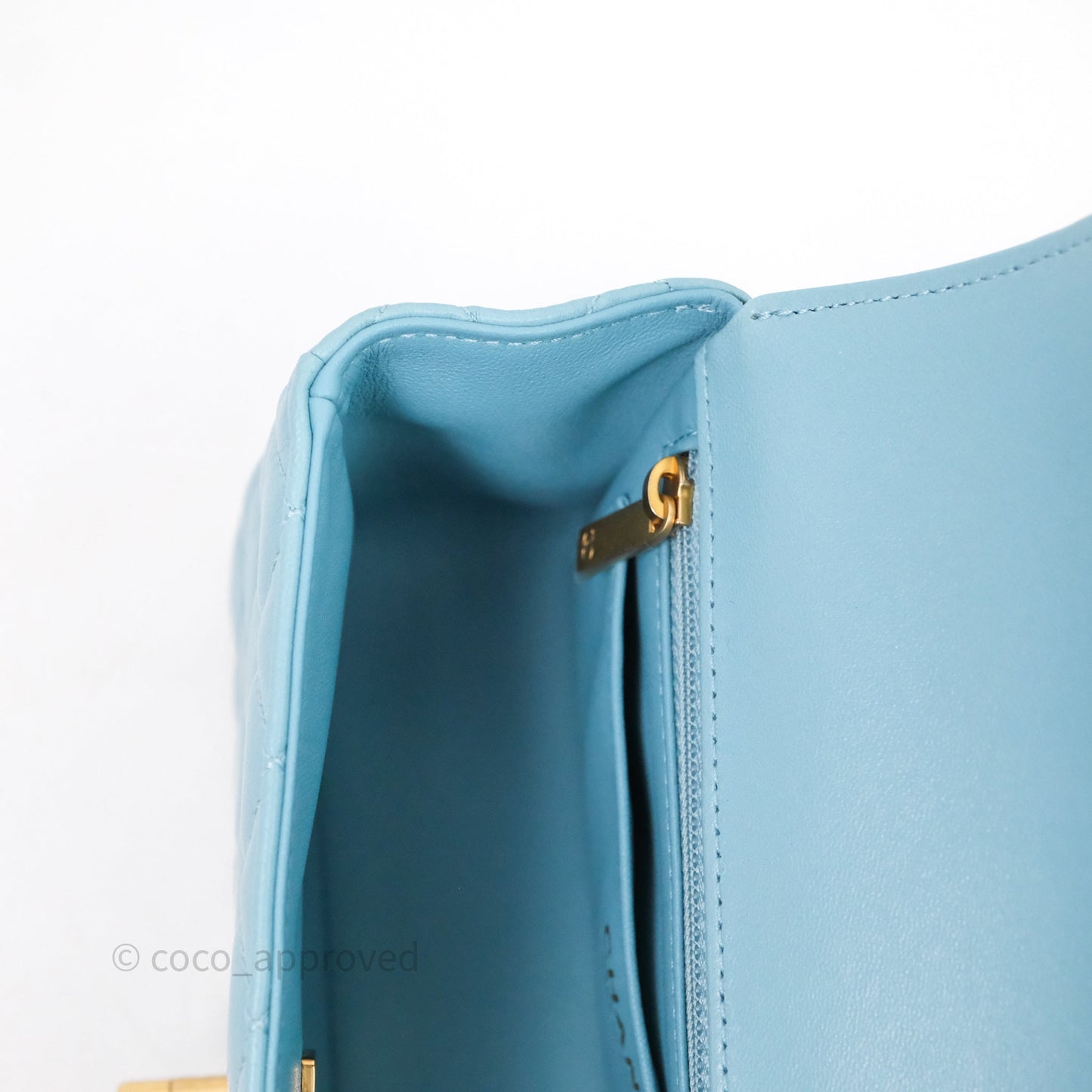 Chanel Flap Bag with Crystal Logo Top Handle Tiffany Blue Lambskin Aged Gold Hardware