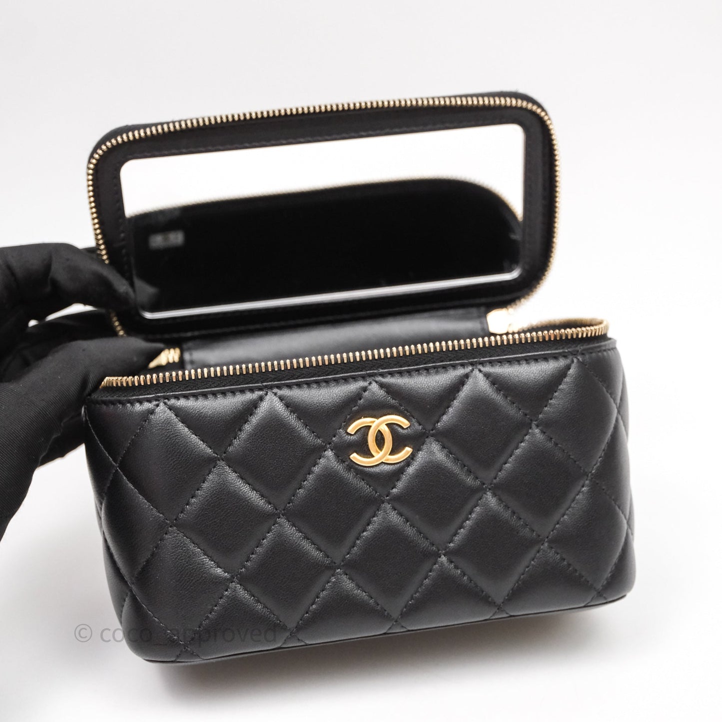Chanel Vanity Rectangular Metal Top Handle Black Lambskin Aged Gold Hardware