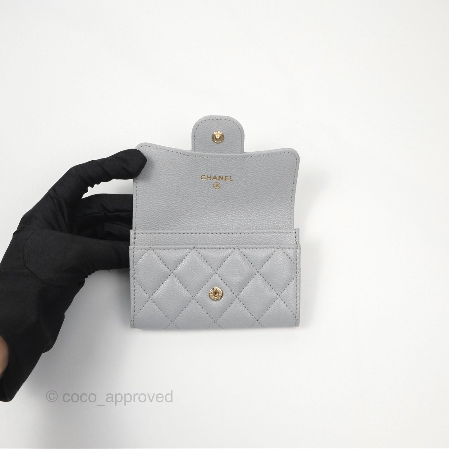 Chanel Quilted Flap Card Holder Caviar Grey Gold Hardware