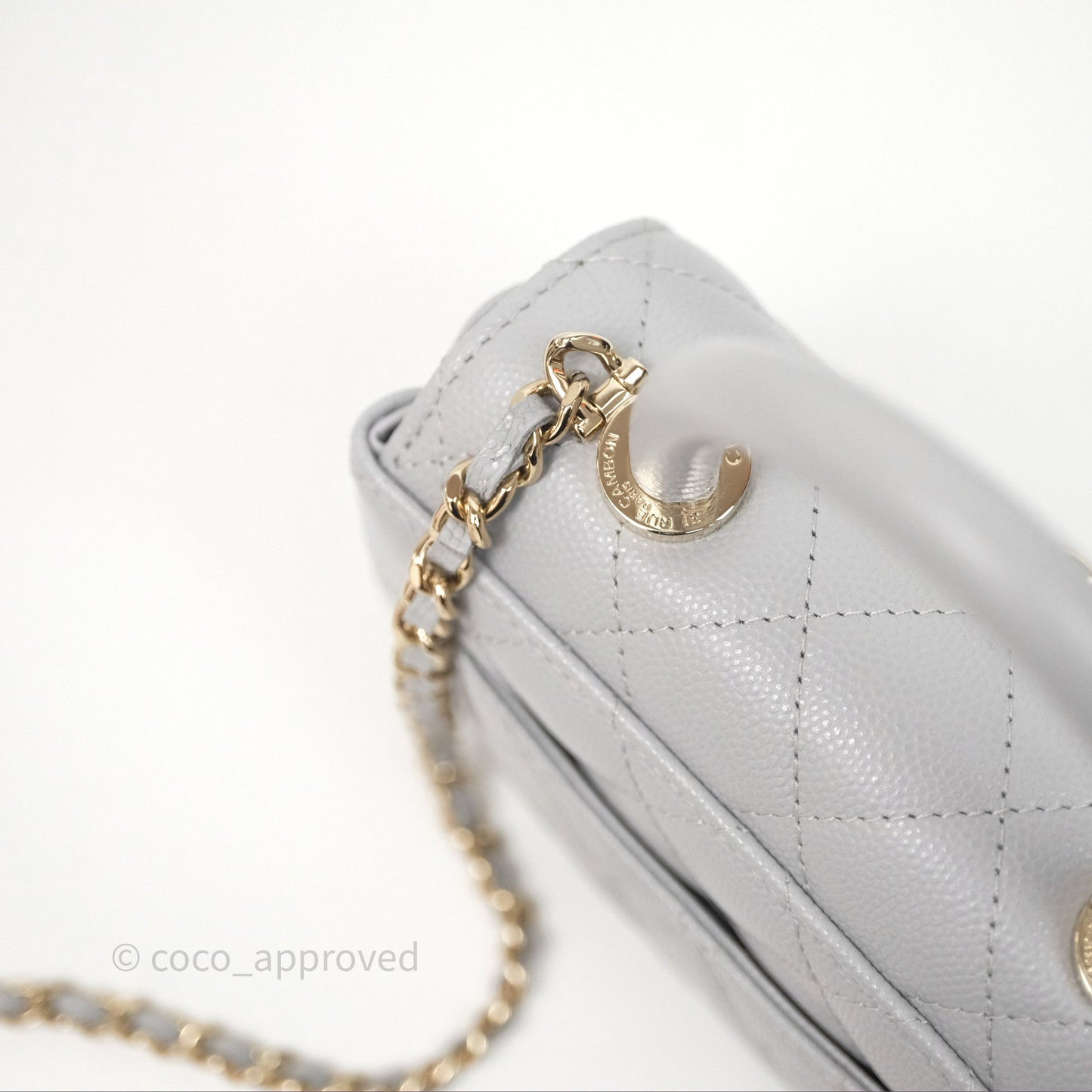Chanel Coco Handle Clutch with Chain Quilted Light Grey Caviar Gold Hardware