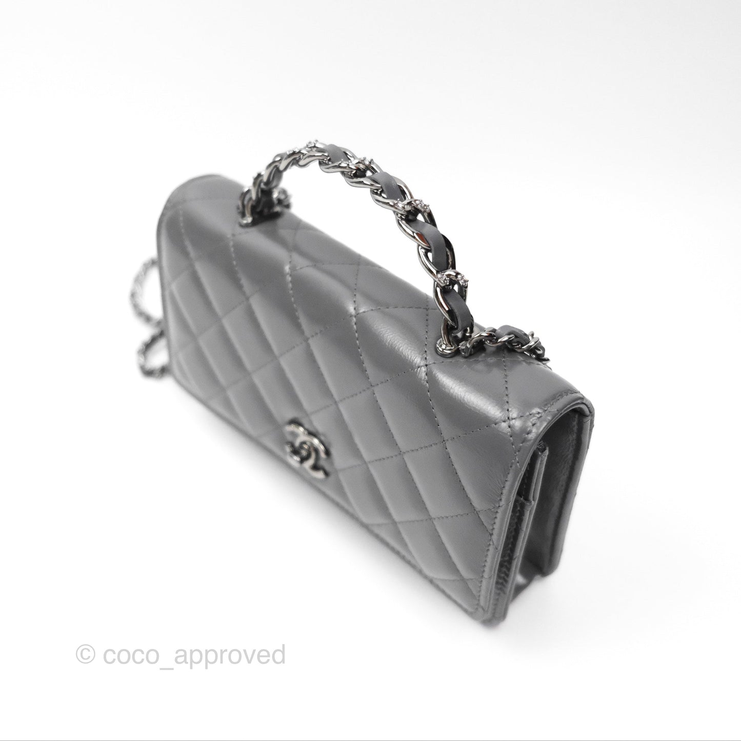 Chanel Top Handle Wallet On Chain WOC Dark Grey Calfskin Gun Metal 23K