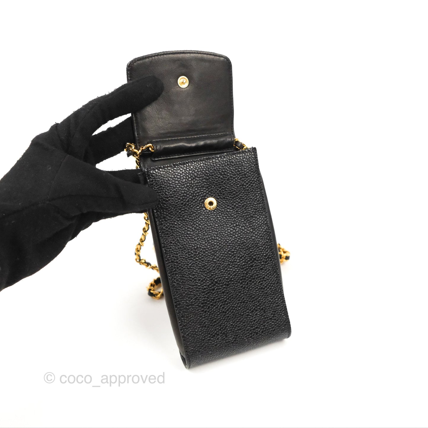 Chanel Vintage CC Caviar Black Phone Case With Chain Gold Hardware
