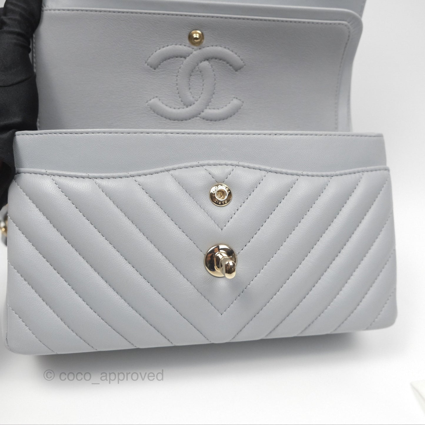 Chanel Small Classic Chevron Flap Grey Lambskin Gold Hardware