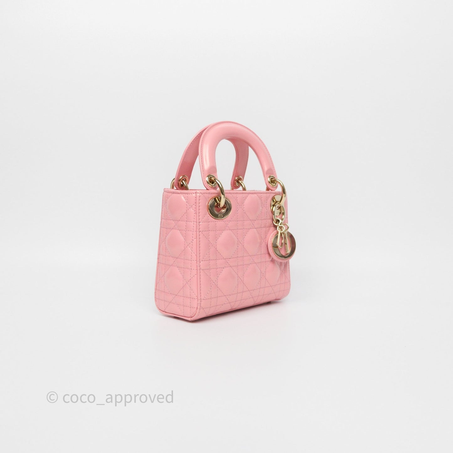 Dior Mini Lady Dior Pink Pearlescent Patent Cannage Gold Hardware