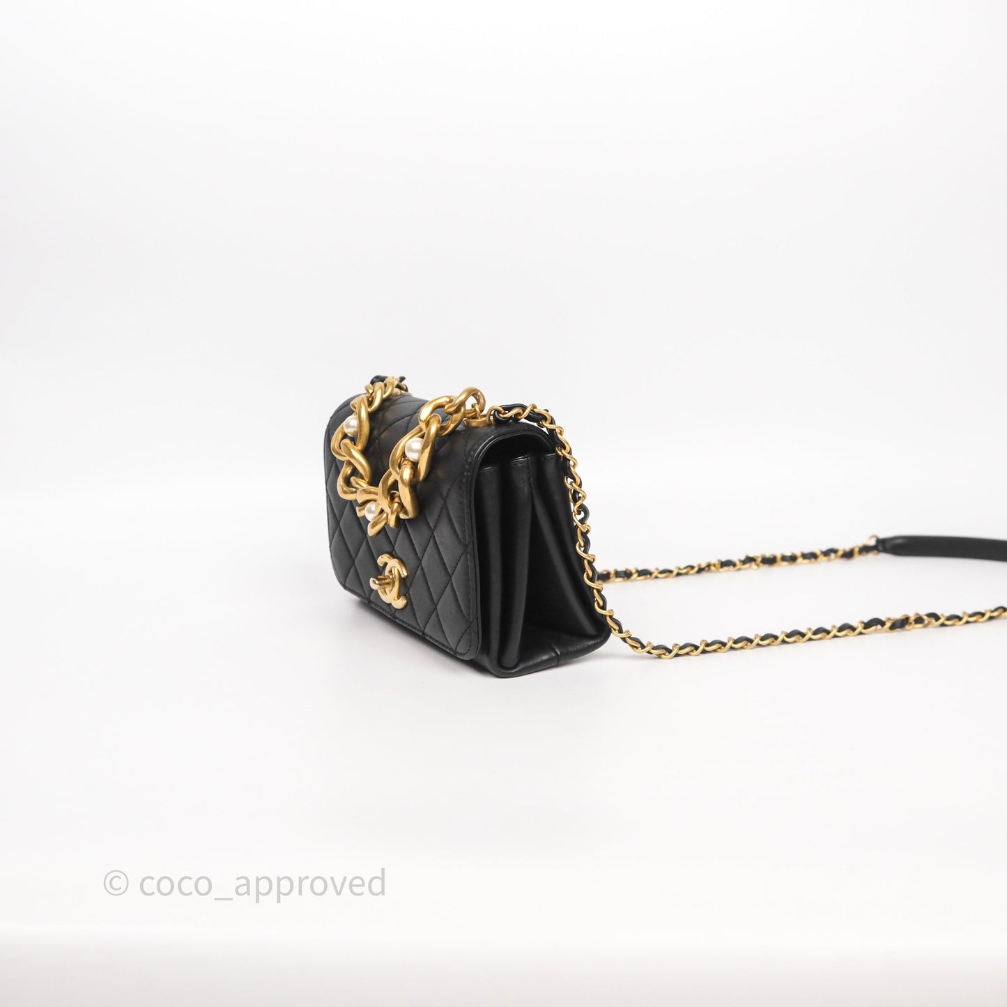 Chanel Pearl Chain Bag Black Calfskin Gold Hardware