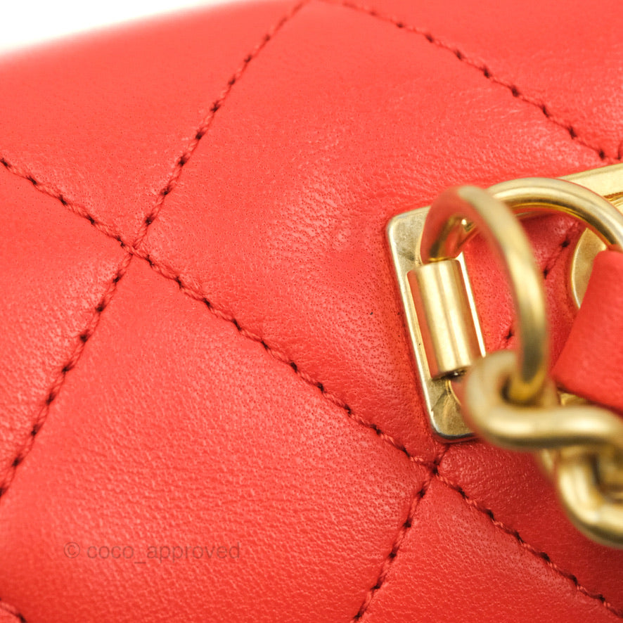Chanel Top Handle Flap Bag Red Lambskin Aged Gold Hardware