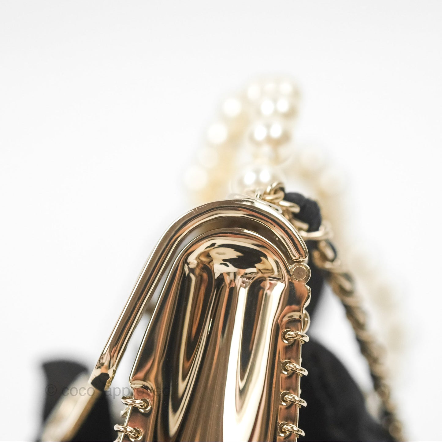 Chanel Flap Bag Charm Pearl Chain Black Leather Long Necklace Gold Tone 21S