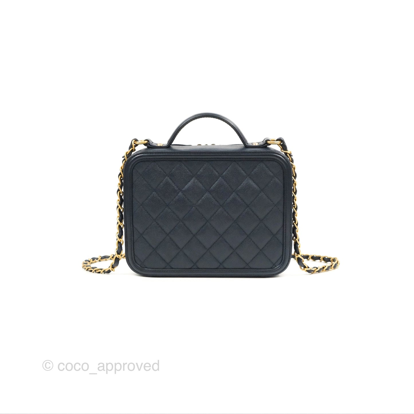 Chanel Quilted Medium CC Filigree Vanity Case Dark Navy Caviar Gold Hardware