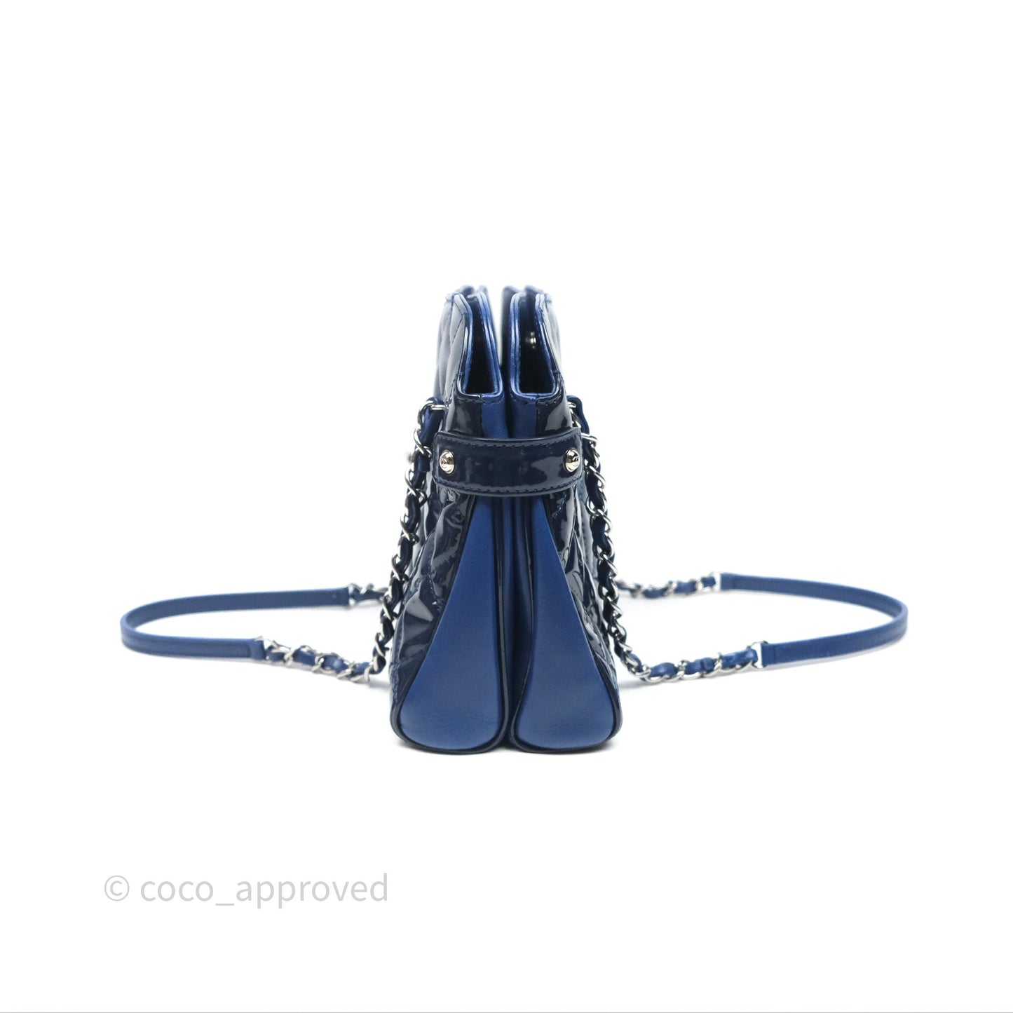 Chanel Quilted Bowling Tote Royal Blue Patent Silver Hardware