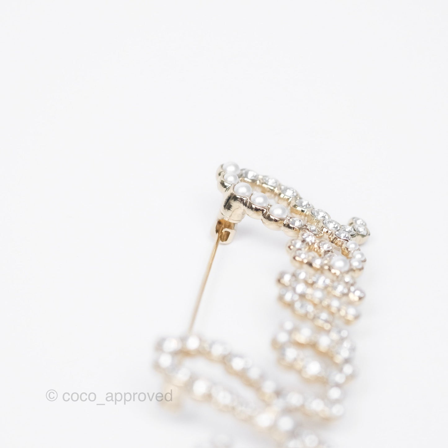 Chanel Logo Pearl Crystal Brooch Gold Tone 20V