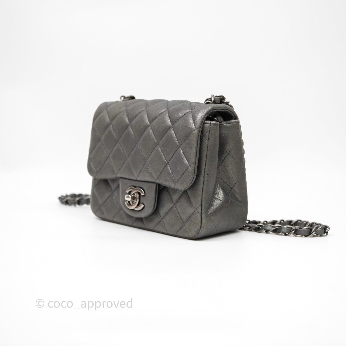 Chanel Mini Square Iridescent Grey Suede Gun Metal Hardware