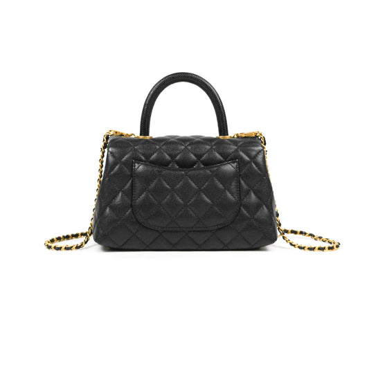 Chanel Small Coco Handle Quilted Black Caviar Aged Gold Hardware Lizard Handle