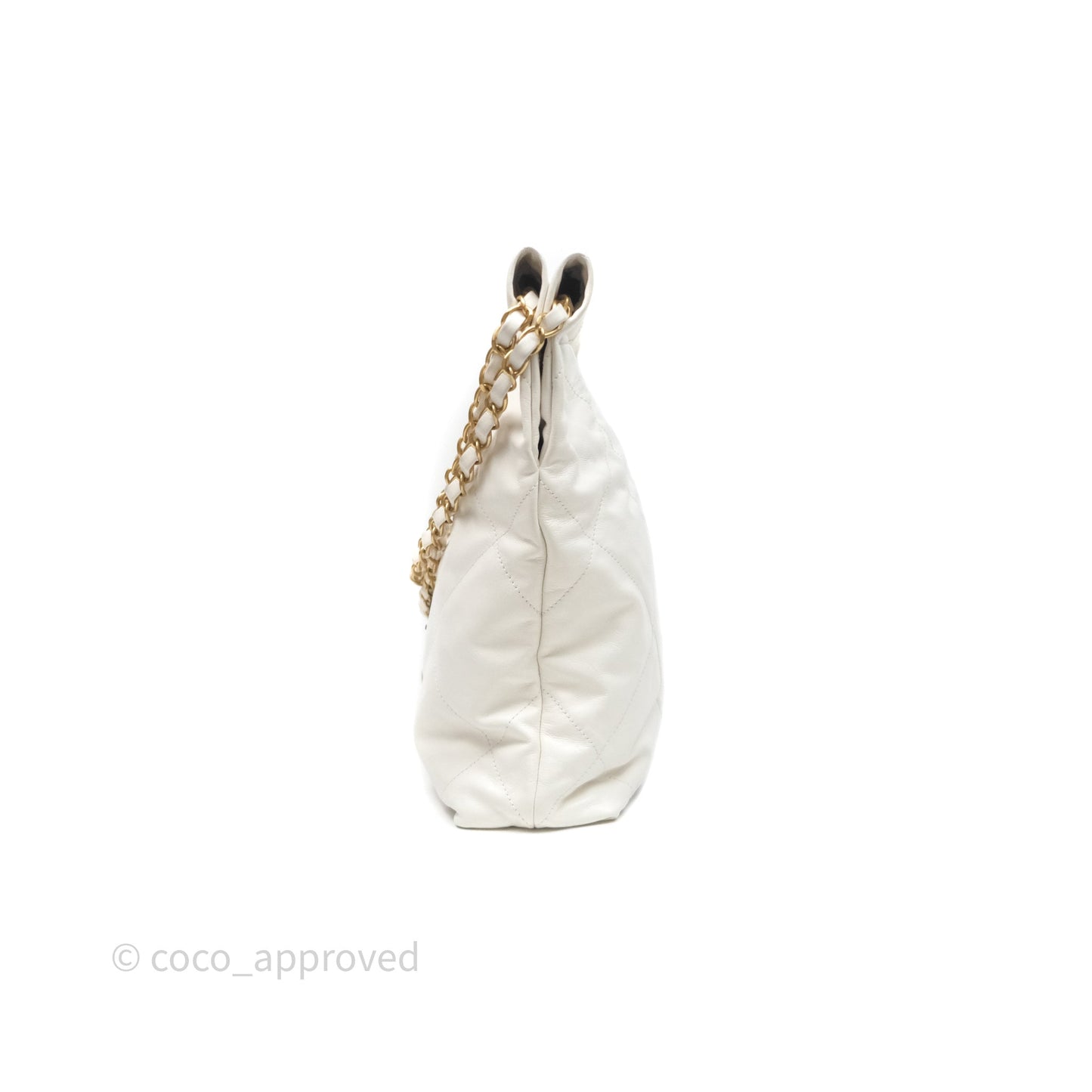 Chanel 22 Small White Aged Calfskin Black Logo Aged Gold Hardware
