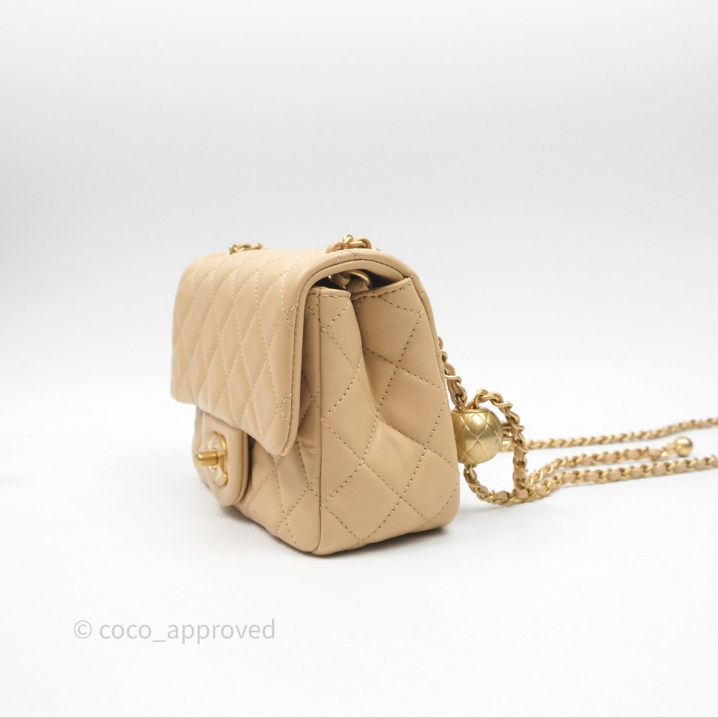 Chanel Pearl Crush Mini Square Quilted Beige Lambskin Aged Gold Hardware