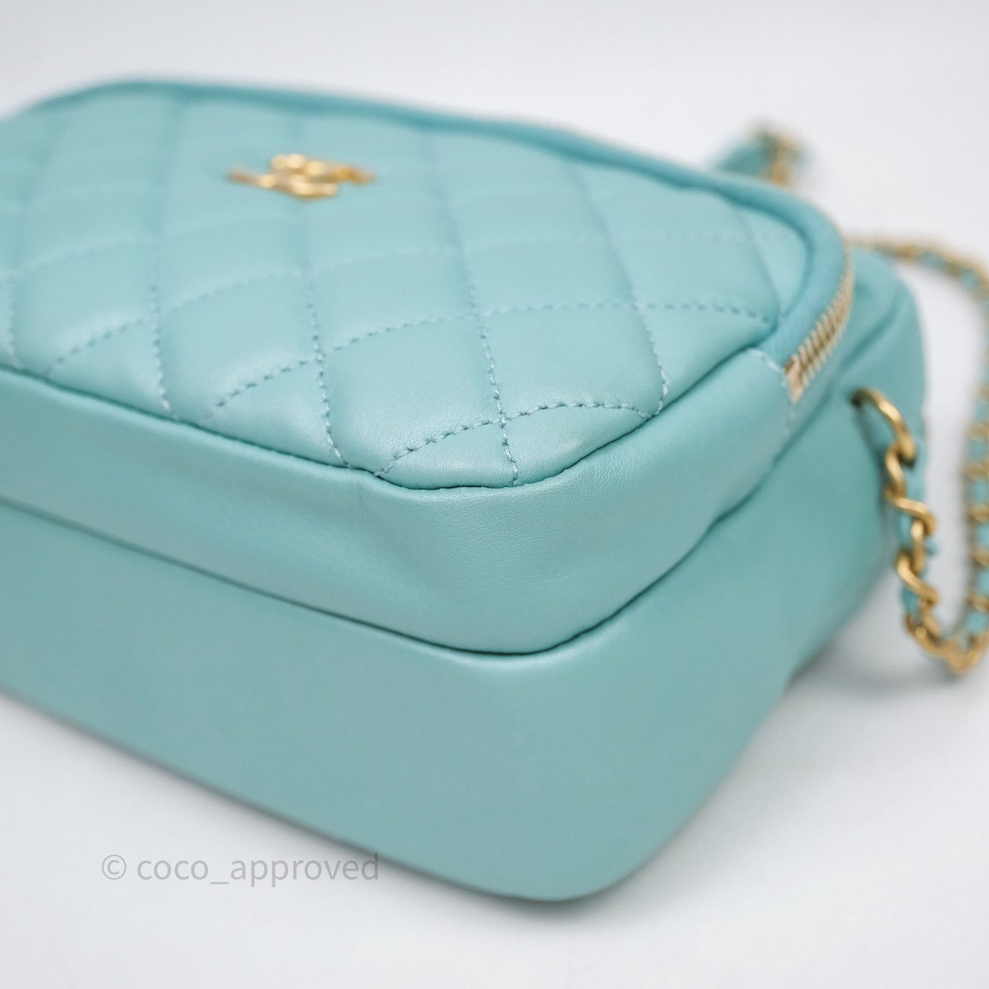 Chanel Camera Bag Quilted Pearly Turquoise Lambskin Aged Gold Hardware