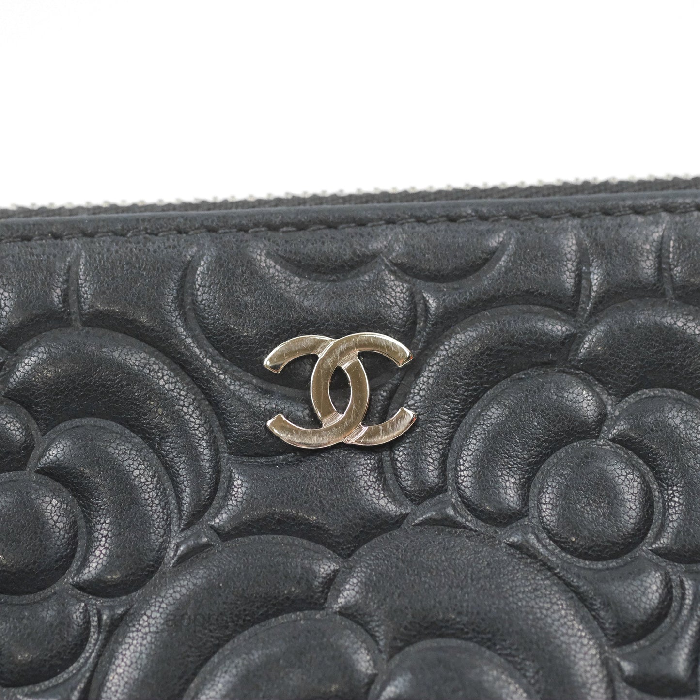 Chanel Quilted Mini O Case Camellia Black Lambskin Silver Hardware