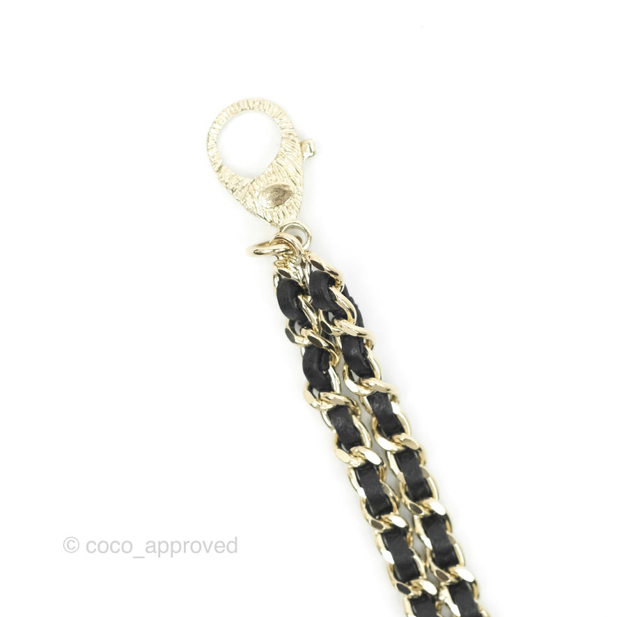 Chanel Black Leather Chain Braided Pearl Crystal CC Drop Choker Gold Tone 21B