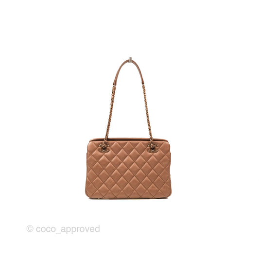 Chanel Quilted Small CC Eyelet Tote Copper Iridescent Goatskin Rose Gold