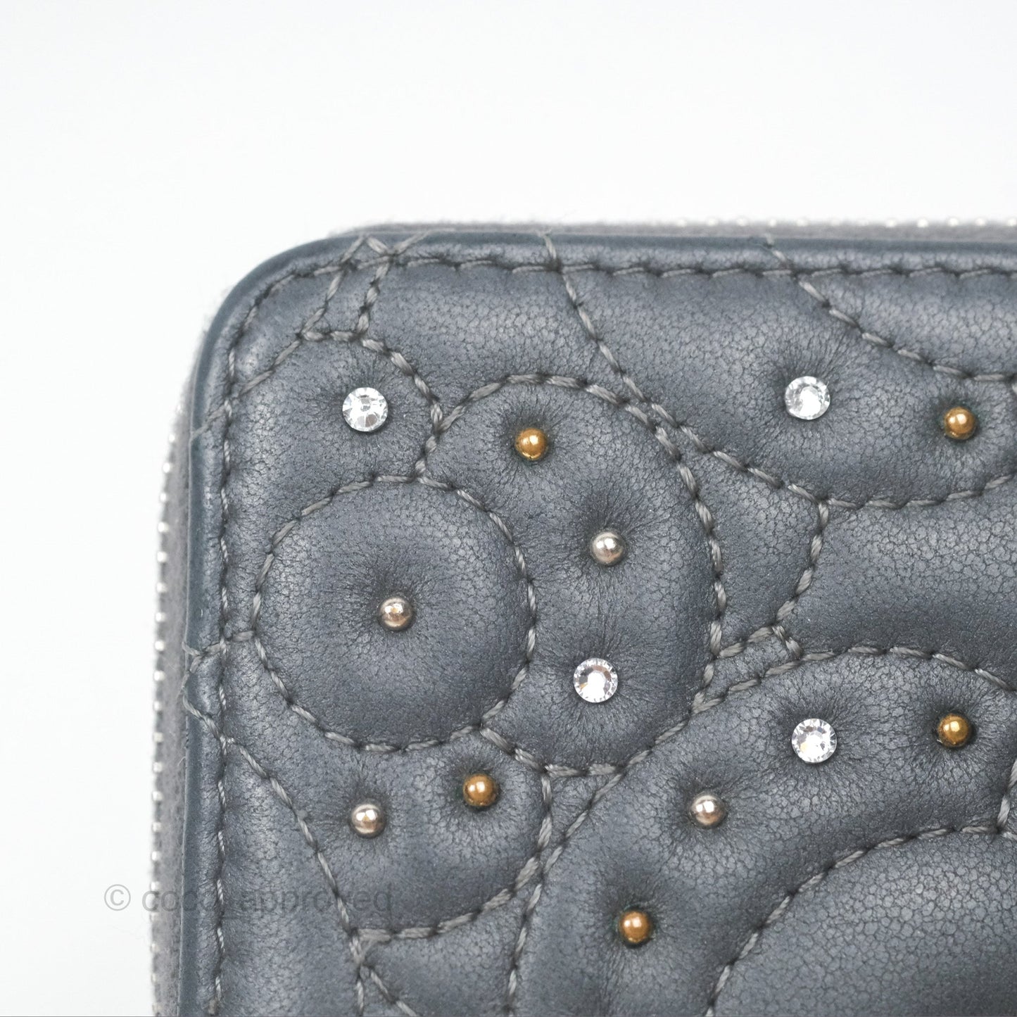 Chanel Camellia Crystal Studded Zipped Coin Purse Grey Silver Hardware
