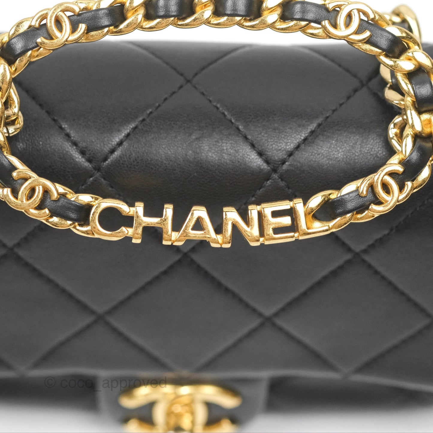 Chanel Mini Top Handle Flap Black Lambskin Aged Gold Hardware