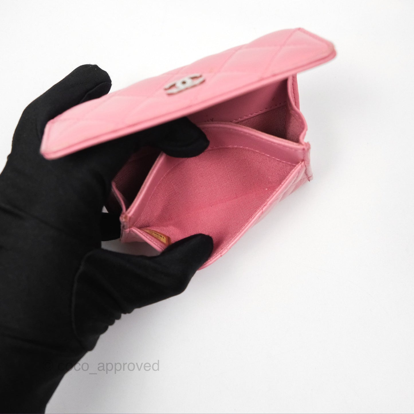 Chanel Quilted Flap Card Holder Pink Lambskin Silver Hardware