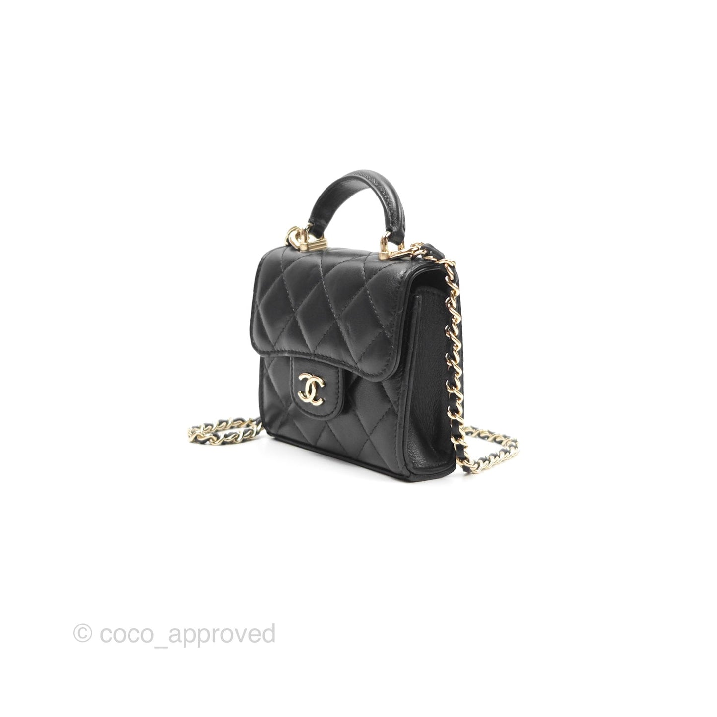 Chanel Mini Handle Clutch With Chain Black Lambskin Gold Hardware