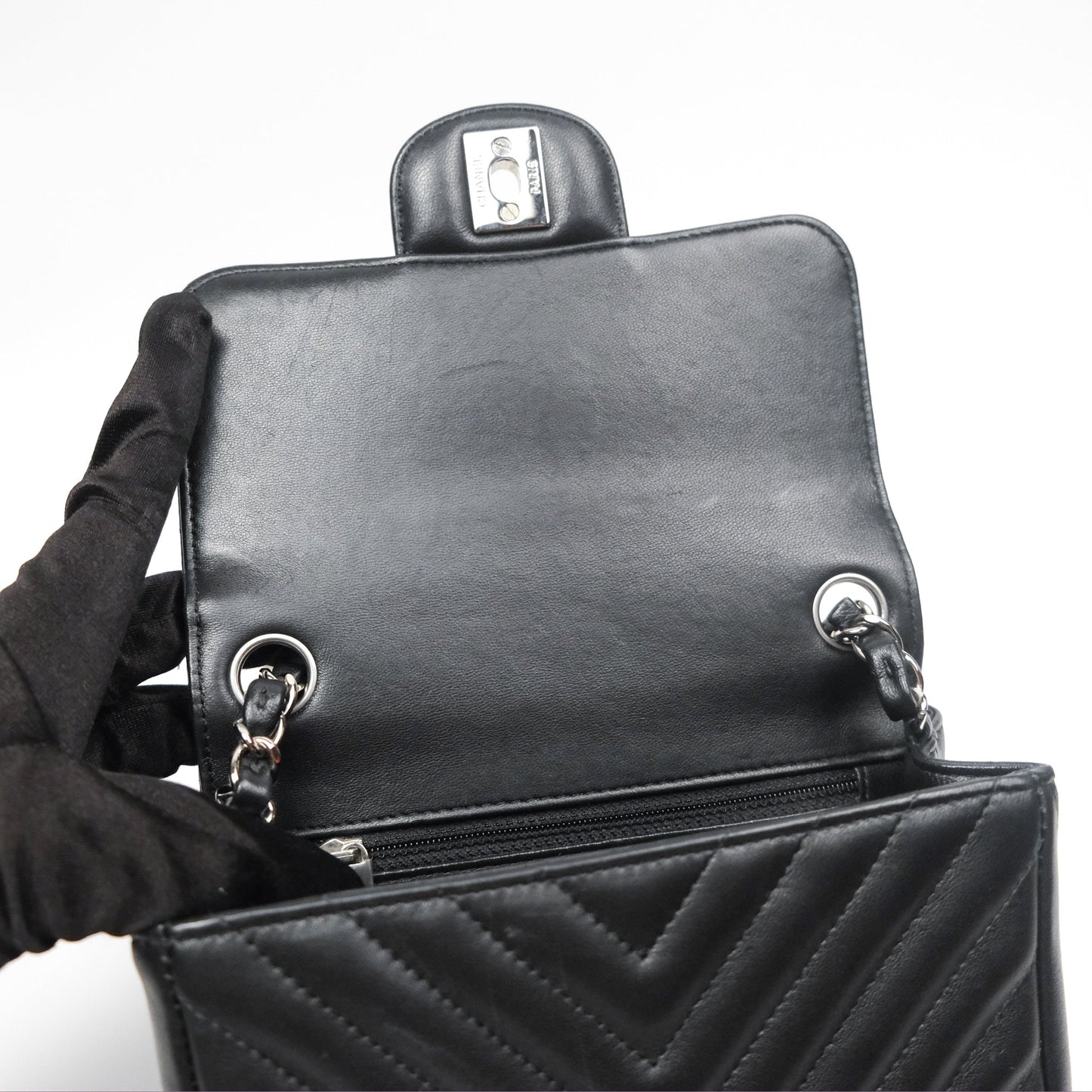 Chanel Mini Square Black Chevron Lambskin Silver Hardware