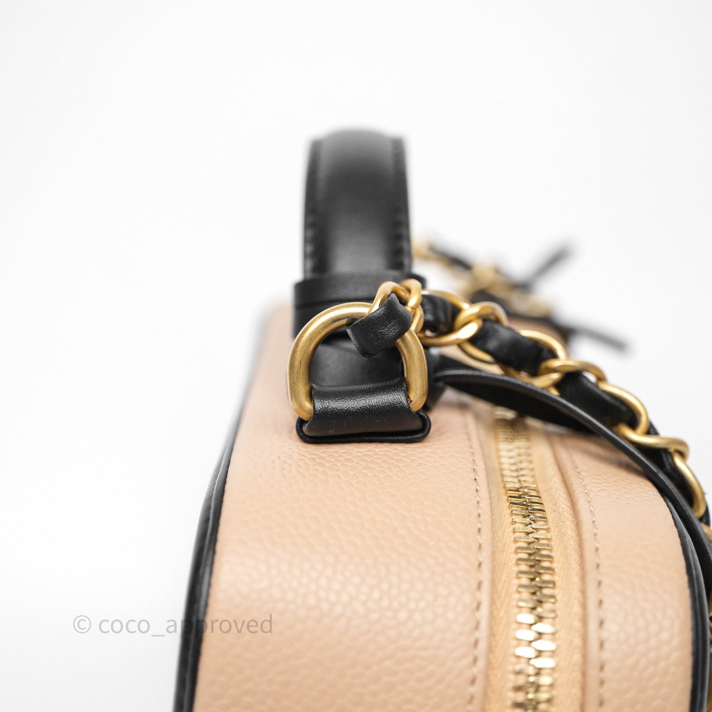 Chanel Quilted Medium CC Filigree Vanity Case Beige Black Caviar Aged Gold Hardware