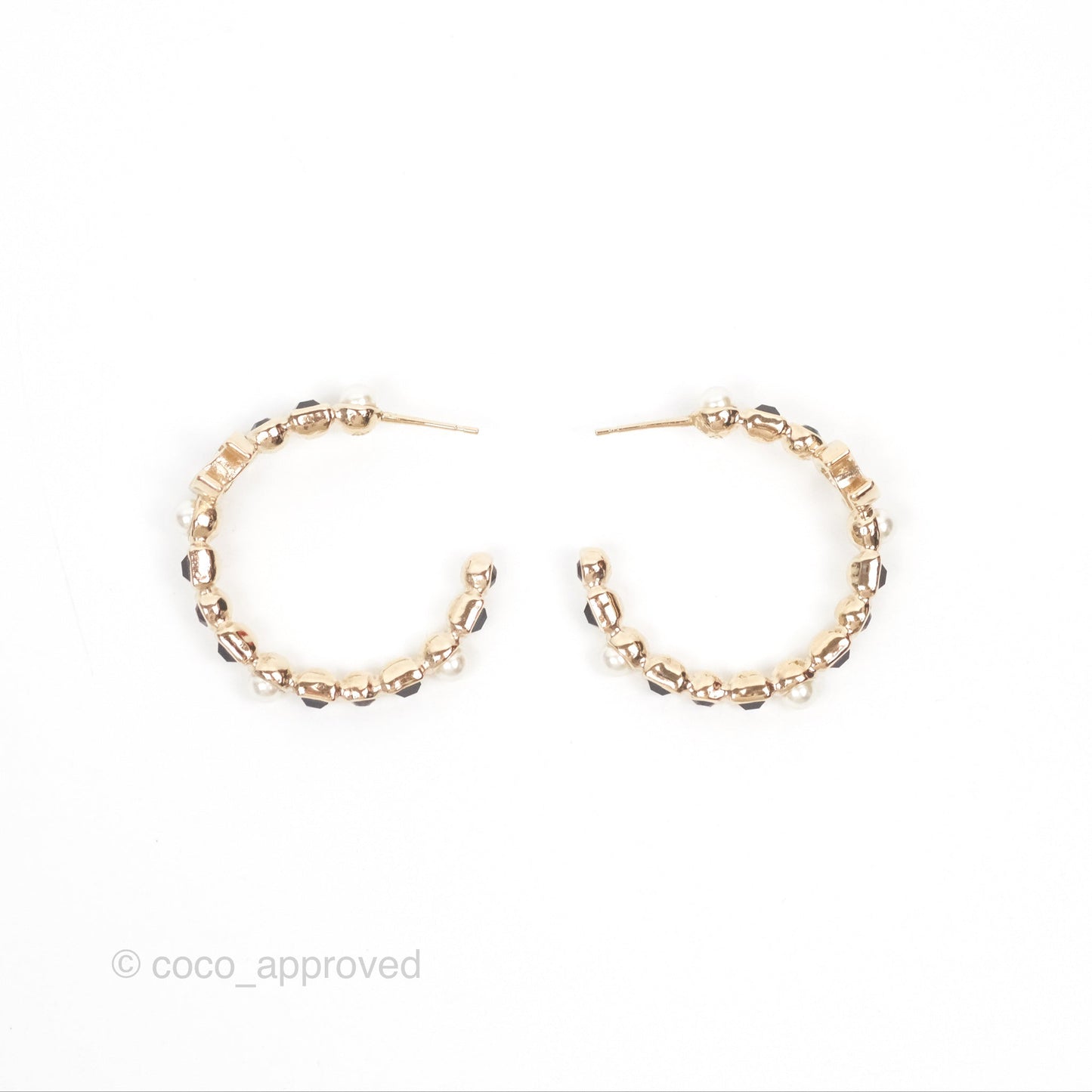 Chanel CC Pearl Black Rhinestone Hoop Earrings Gold Tone 23V