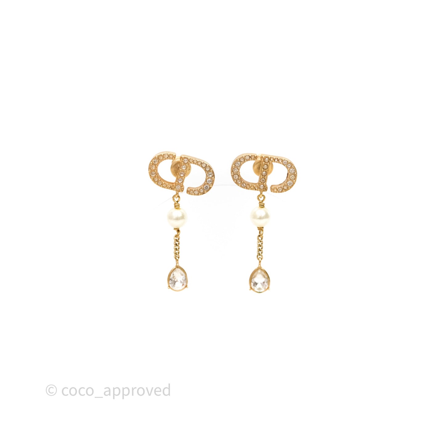 Christian Dior Pearl Crystal CD Drop Earrings Gold Tone