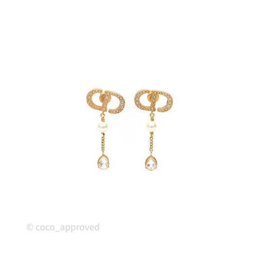 Christian Dior Pearl Crystal CD Drop Earrings Gold Tone