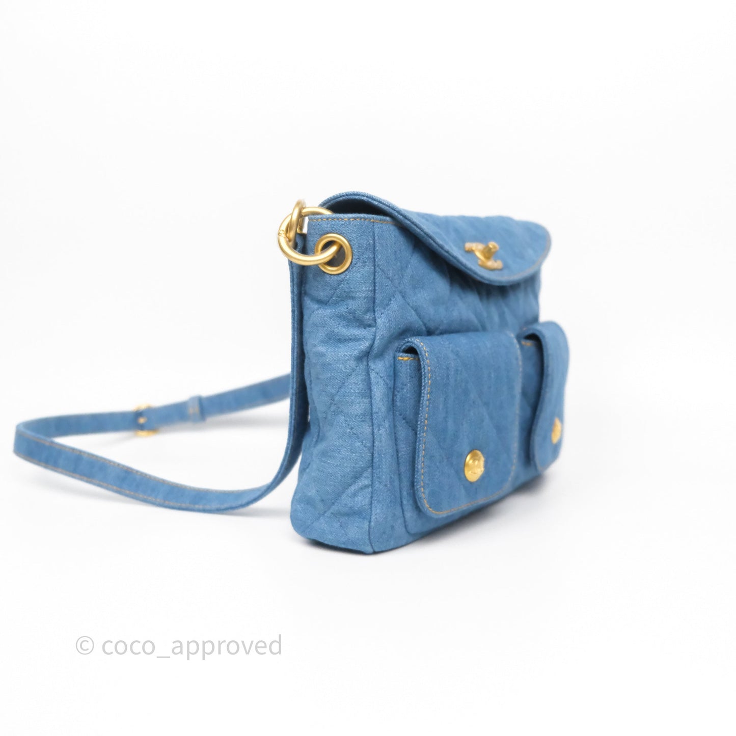 Chanel Double Pocket Hobo Bag Blue Denim Aged Gold Hardware