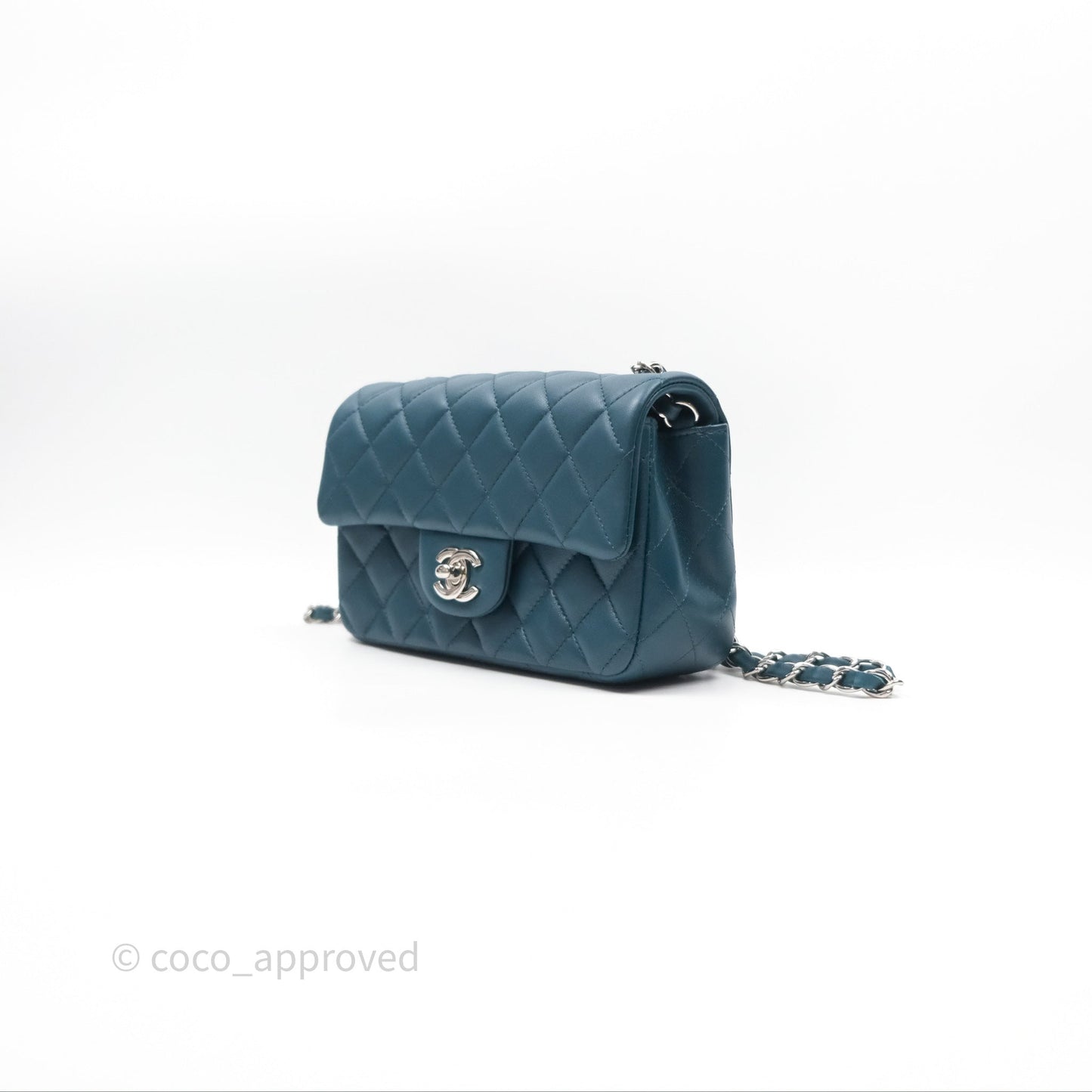 Chanel Quilted Mini Rectangular Flap Teal Green Lambskin Silver Hardware