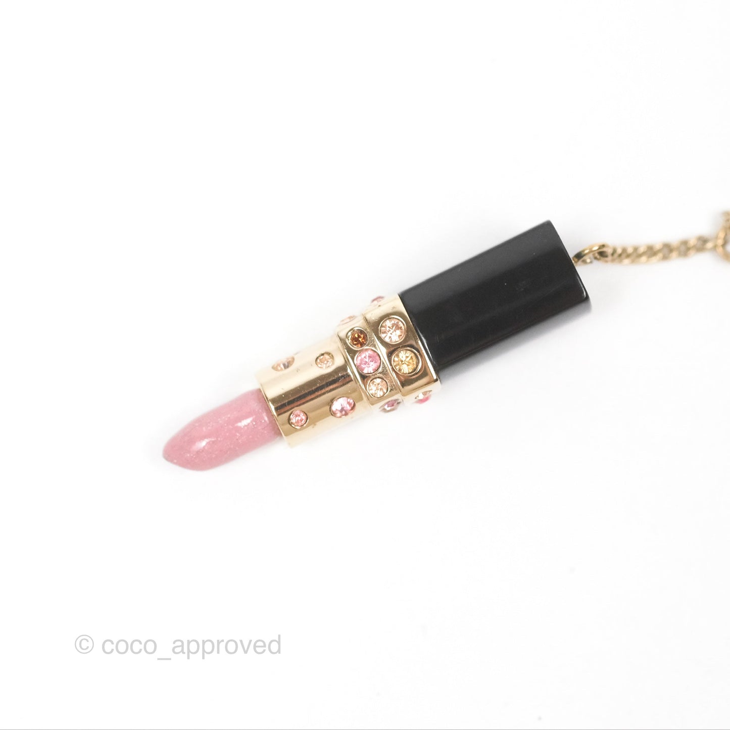 Chanel Crystal Lipstick Charm Pendant Necklace Gold Tone 08A