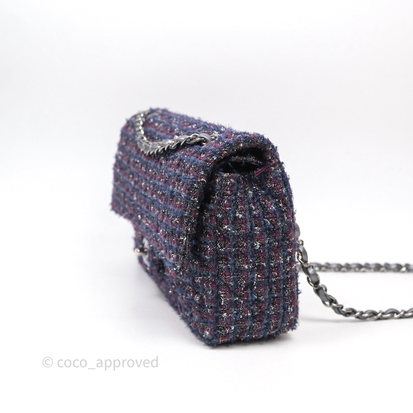 Chanel Classic M/L Medium Double Flap Purple Tweed Glitter Gun Metal