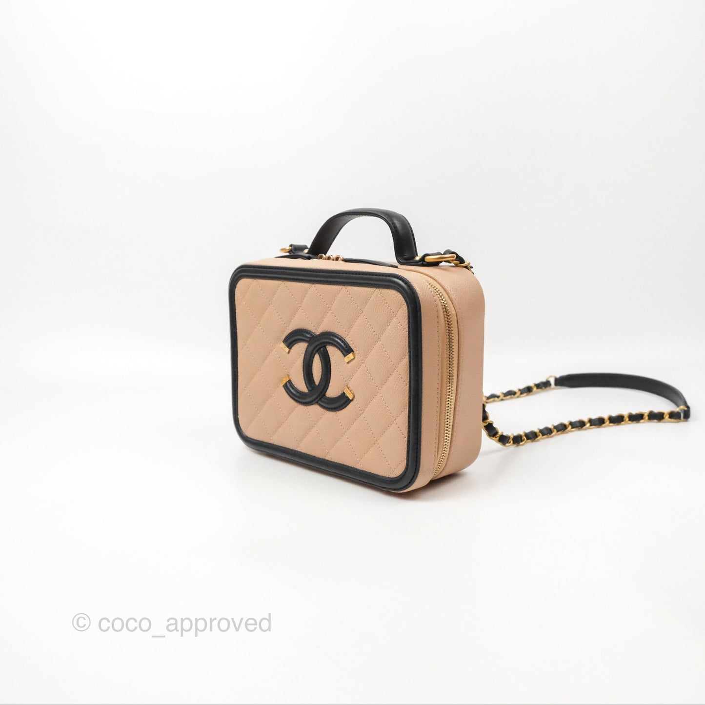 Chanel Quilted Medium CC Filigree Vanity Case Beige Black Caviar Gold Hardware