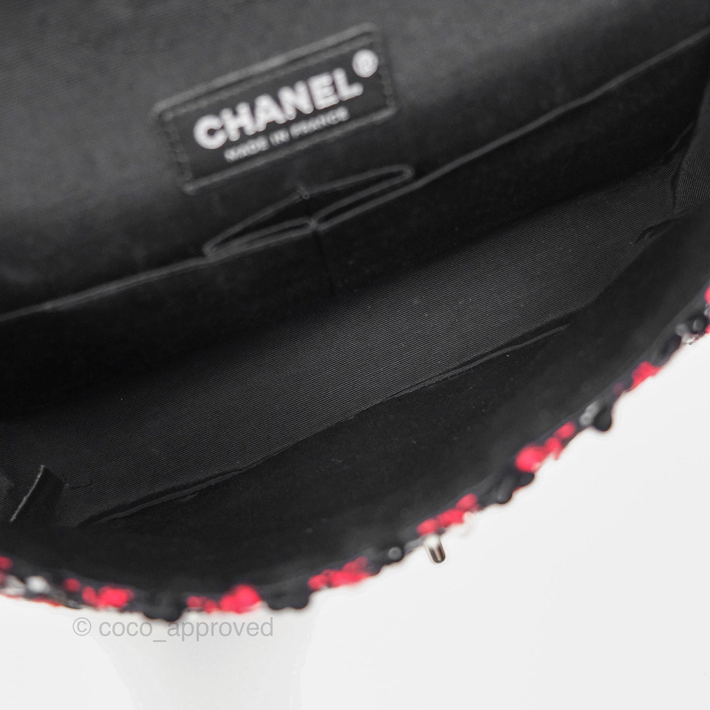 Chanel Shoulder Flap Bag Red/ Black/ White Tweed Sequins Silver Hardware