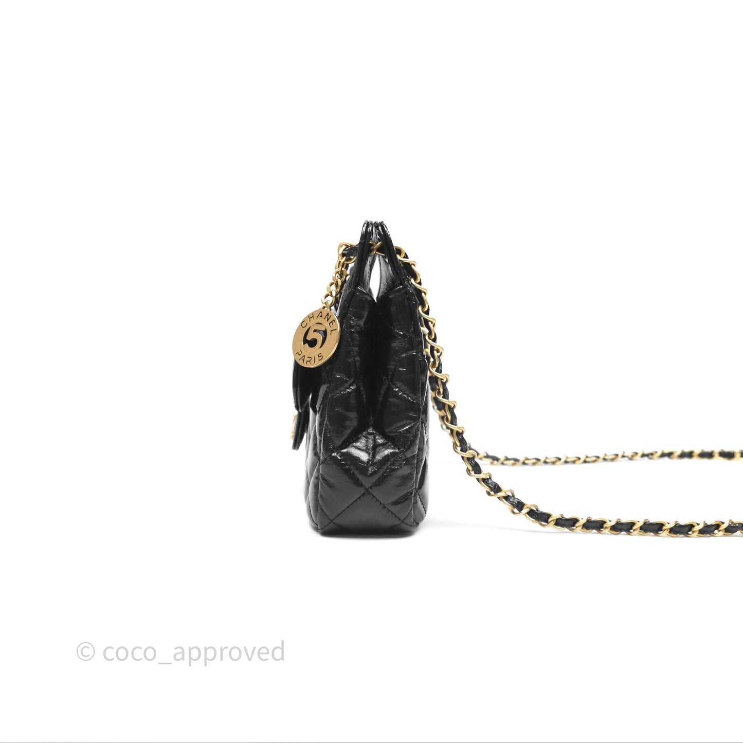 Chanel Small Wavy CC Hobo Black Shiny Crumpled Calfskin Aged Gold Hardware 23C