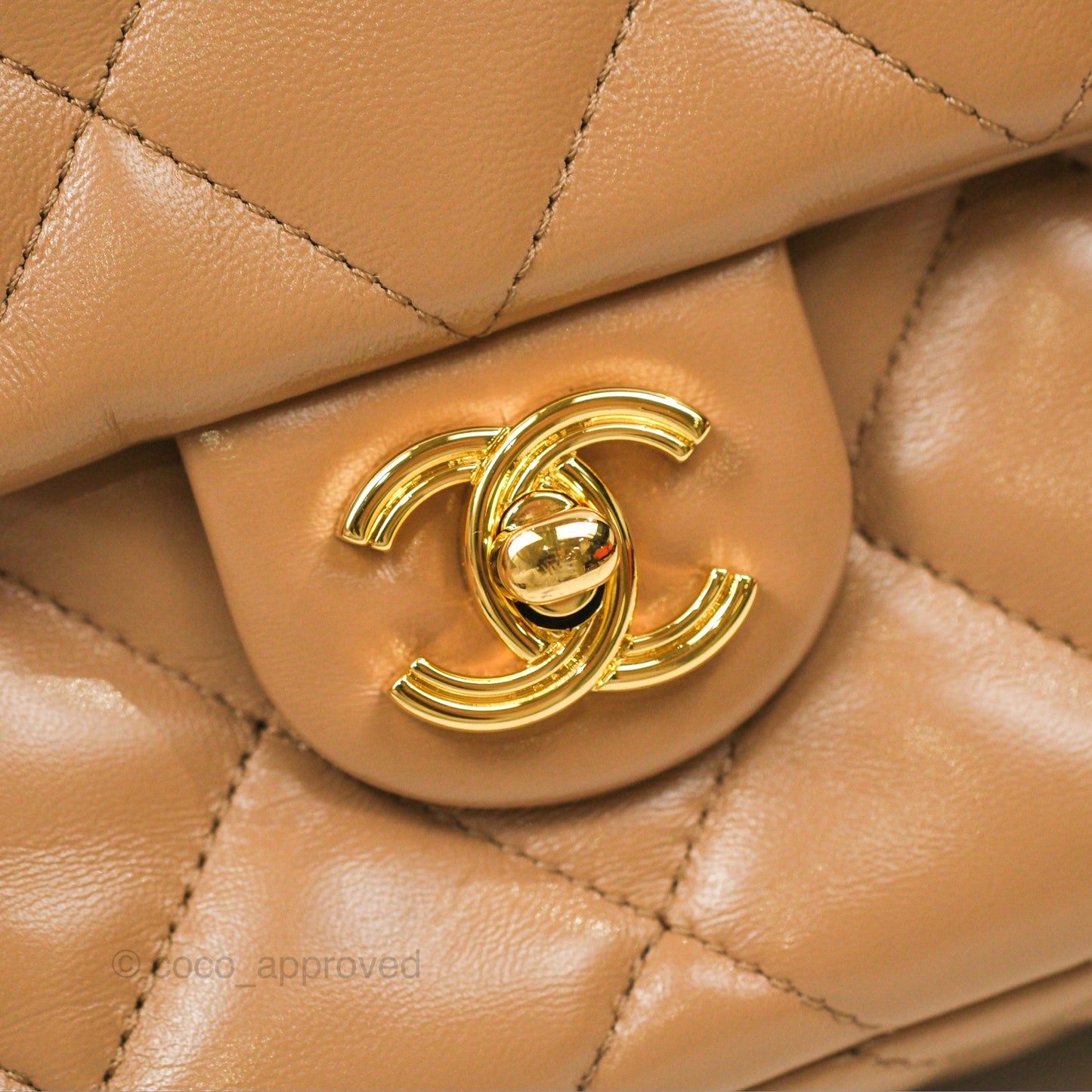 Chanel Top Handle Flap Bag Beige Shiny Lambskin Gold Hardware 23A