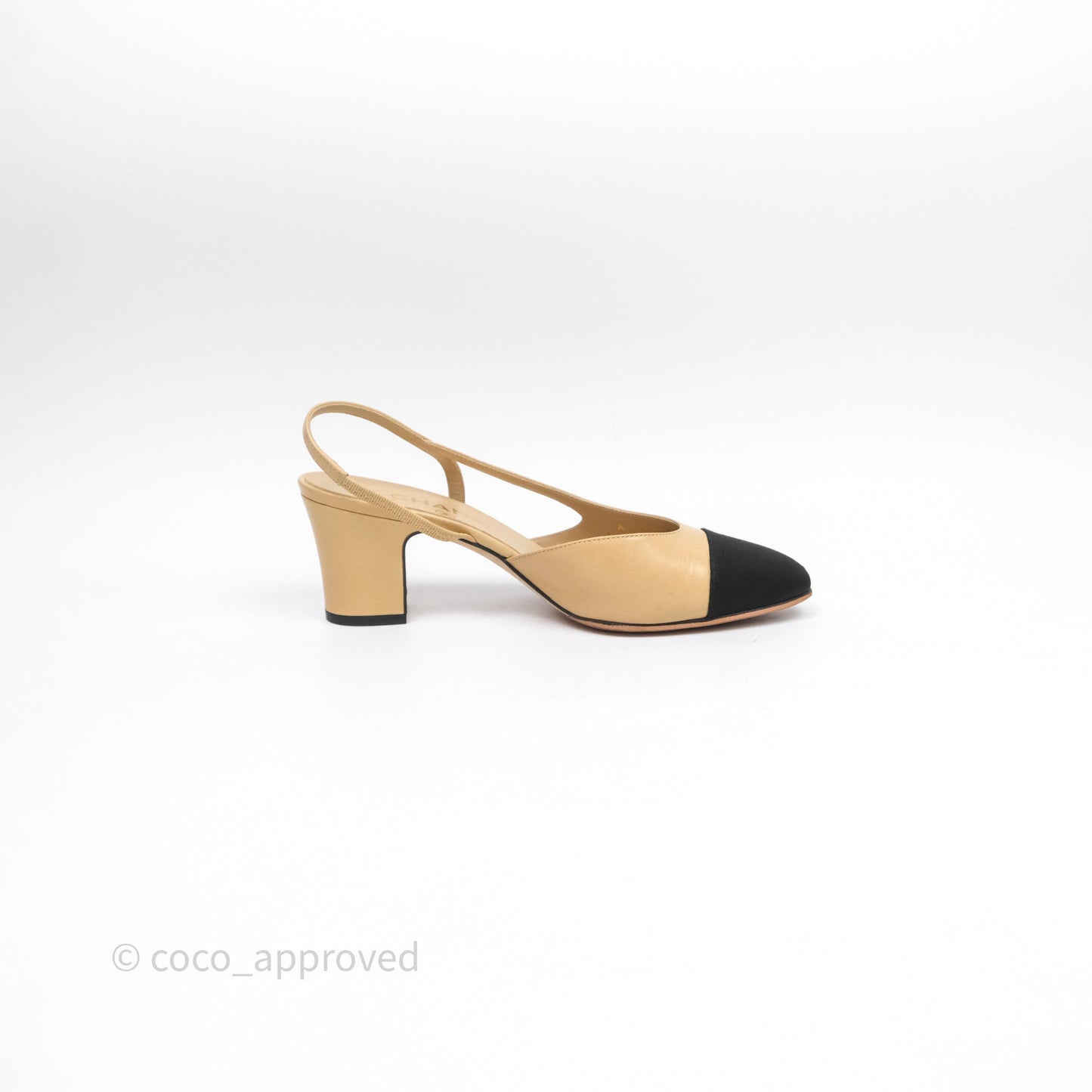 Chanel Classic Slingback Beige Black Leather Size 37