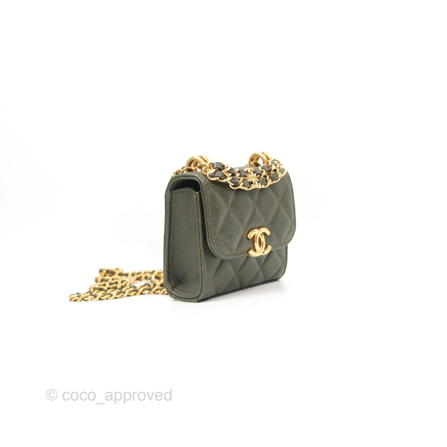 Chanel Coco First Mini Clutch On Chain Dark Olive Green Caviar Gold Hardware 22K