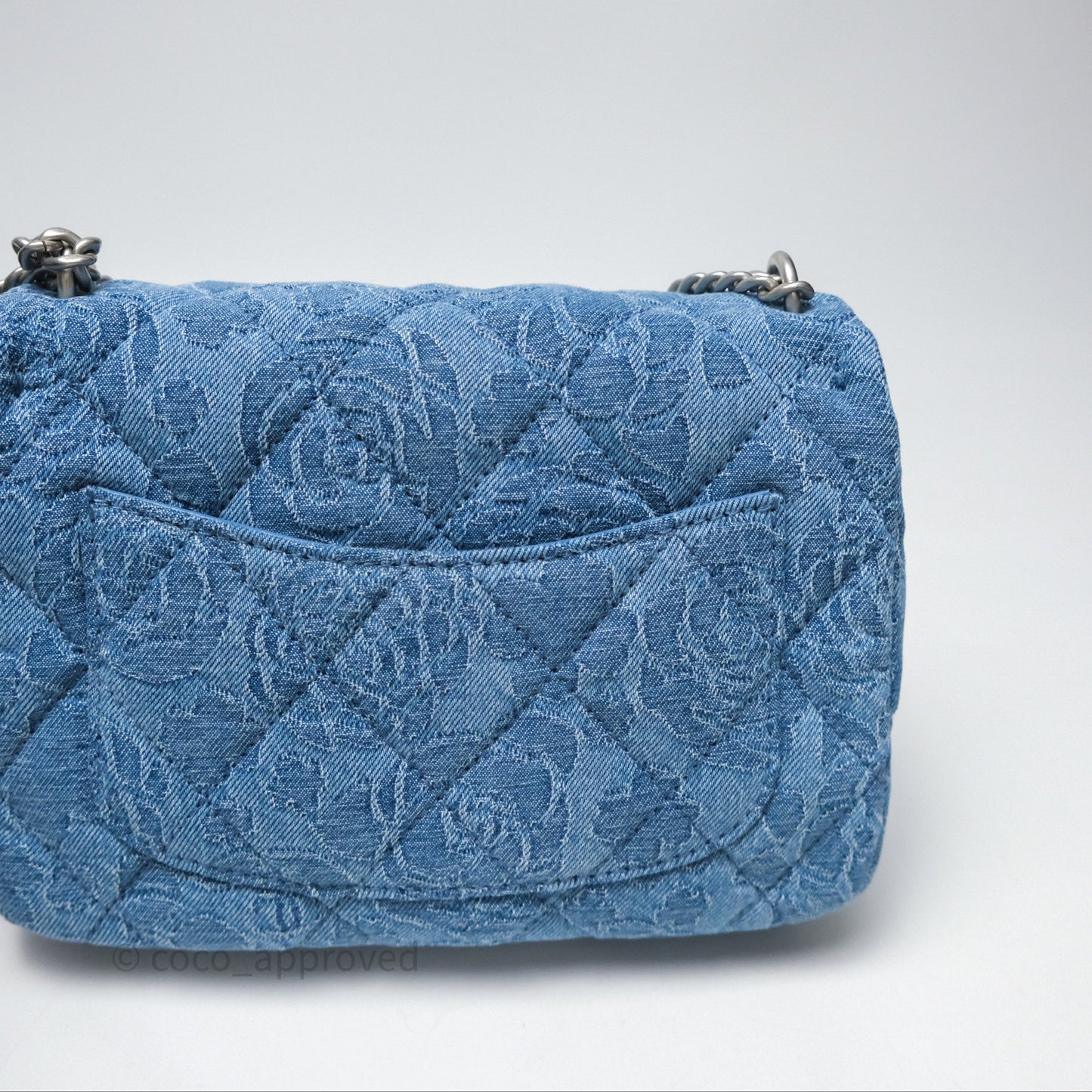 Chanel Mini Flap Bag Heart Adjustable Chain Camellia Denim Aged Gold Hardware