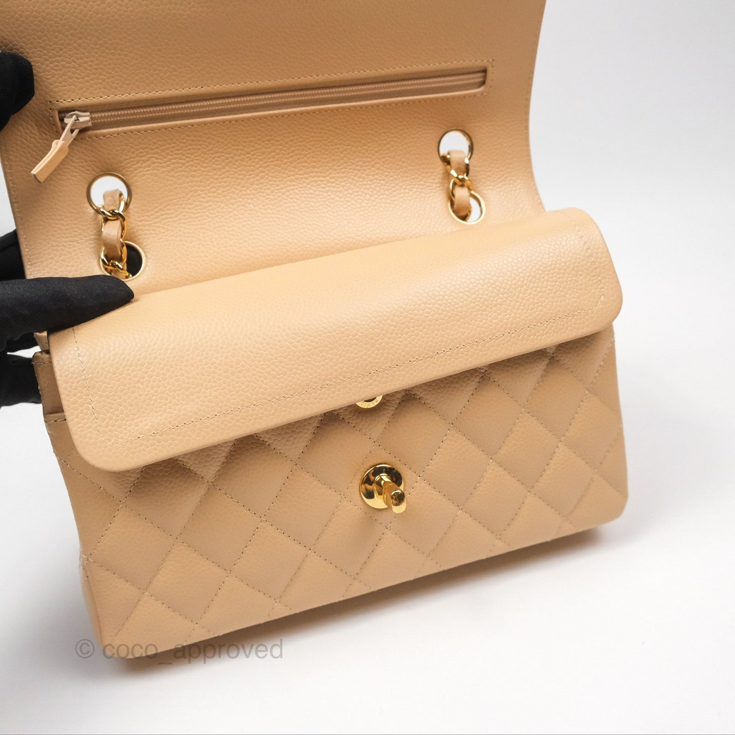 Chanel Classic Small S/M Quilted Flap Beige Caviar Gold Hardware