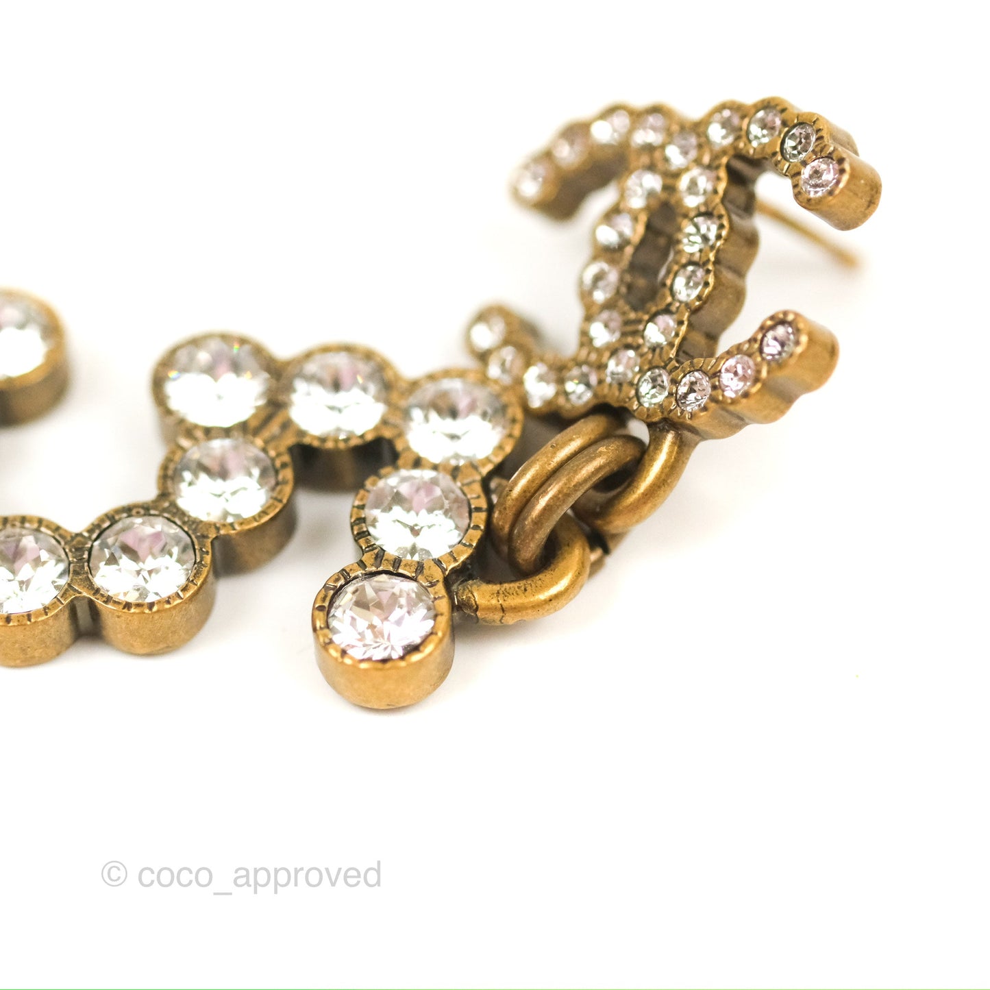 Chanel Large Crystal CC No5 Drop Earrings Antique Gold Tone 20S