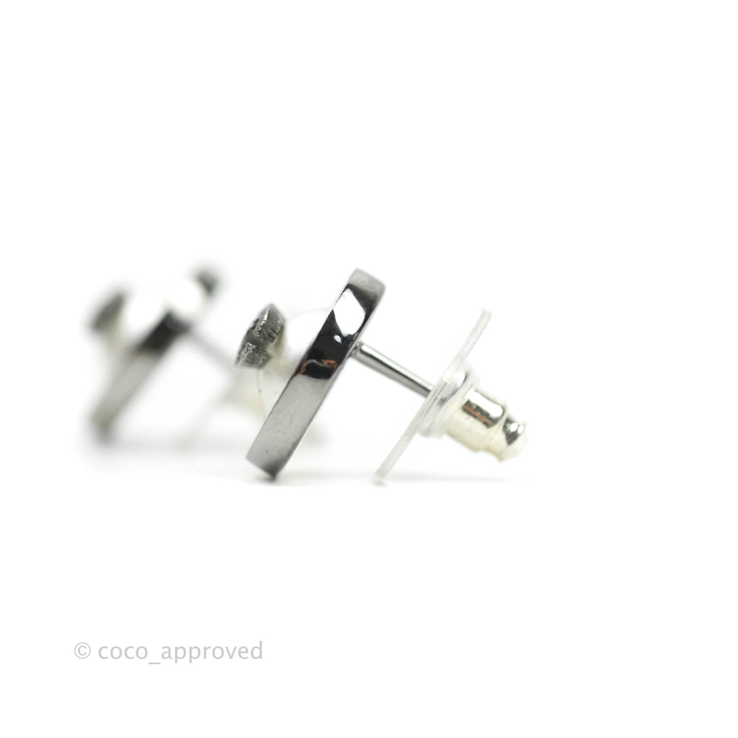 Chanel CC Pearl Crystal Round Earrings Gun Metal 21A