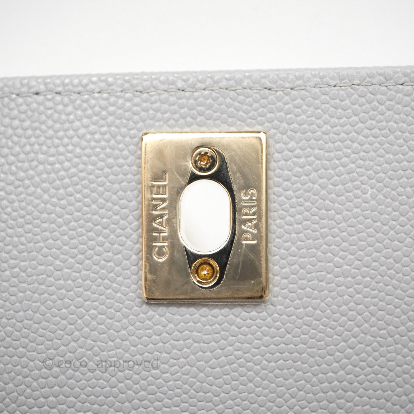 Chanel Coco Handle Clutch with Chain Quilted Light Grey Caviar Gold Hardware