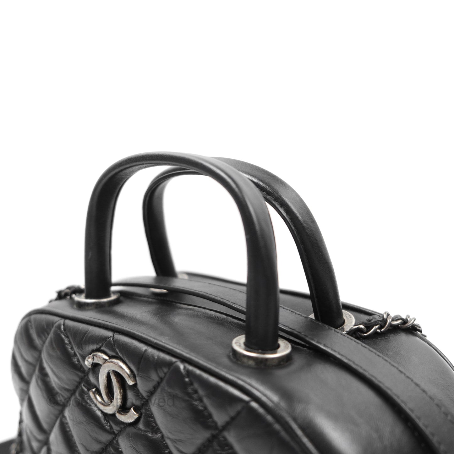 Chanel Quilted Small Handle Bowling Bag Black Aged Calfskin Ruthenium Hardware